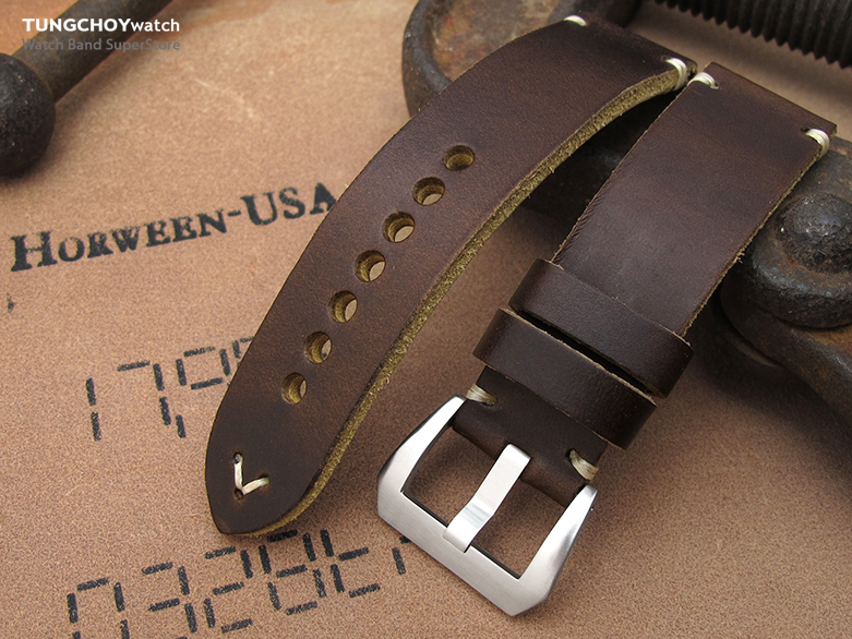 24mm MiLTAT Horween Chromexcel Watch Strap, Matte Brown, Beige Stitching