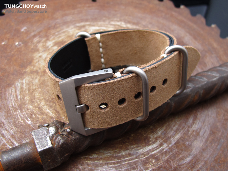 MiLTAT 24mm Nubuck Leather Grezzo Zulu watch strap Brown Thick armband - Beige Hand Stitch