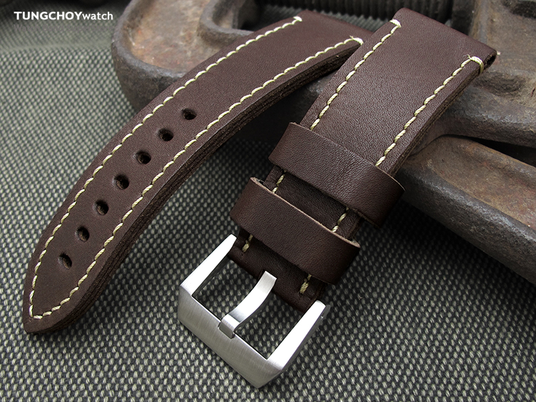 26mm MiLTAT Cashmere Calf Dark Brown Watch Strap, Beige Hand Stitching
