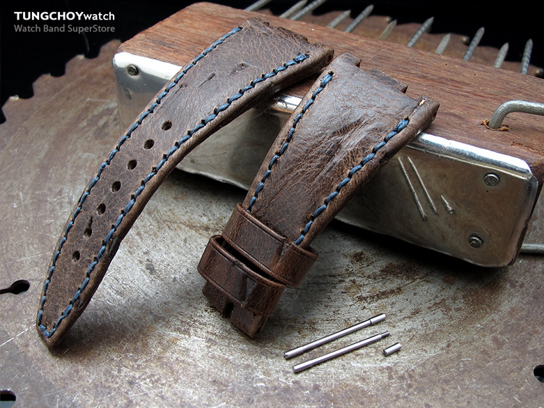 Scratch Brown Pattern Leather of Art Watch Strap, Dark Navy Wax thread , custom made for Audemars Piguet Royal Oak Offshore