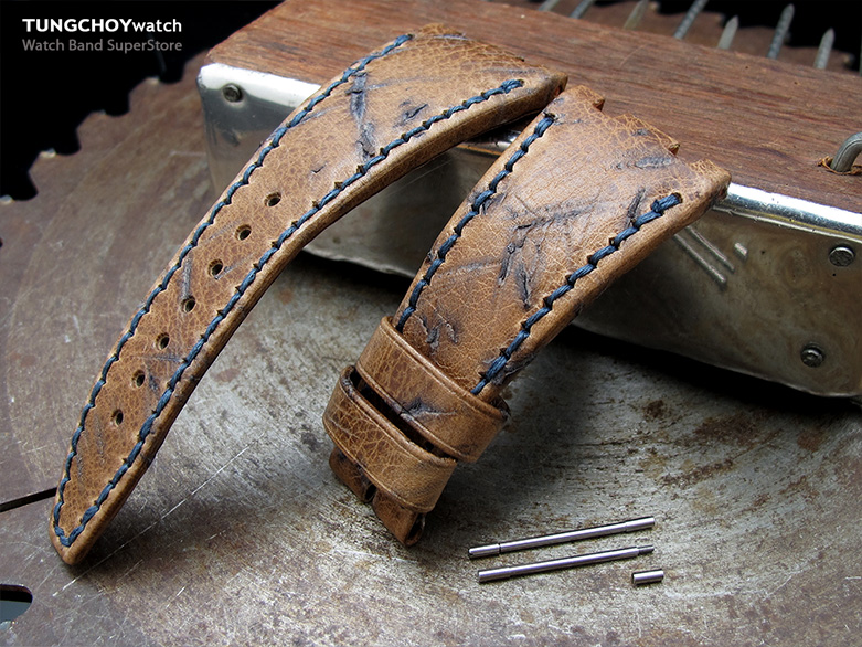 Heavy Scratch Brown Leather of Art Watch Strap, Dark Navy Wax thread, custom made for Audemars Piguet Royal Oak Offshore