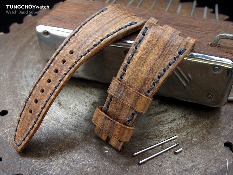 Brown Oak Wood Leather of Art Watch Strap, Wax thread Dark Navy Stitching, custom made for Audemars Piguet Royal Oak Offshore