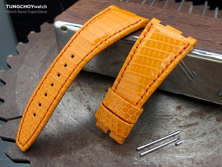 Orange Genuine Lizard Leather Watch Strap, Orange Wax thread, custom made for Audemars Piguet Royal Oak Offshore