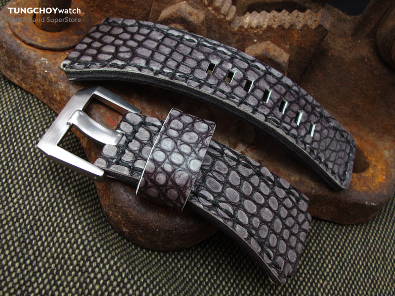 MiLTAT Grey Siltstone Genuine Alligator for Bell & Ross replacement Strap, Black Stitches XL