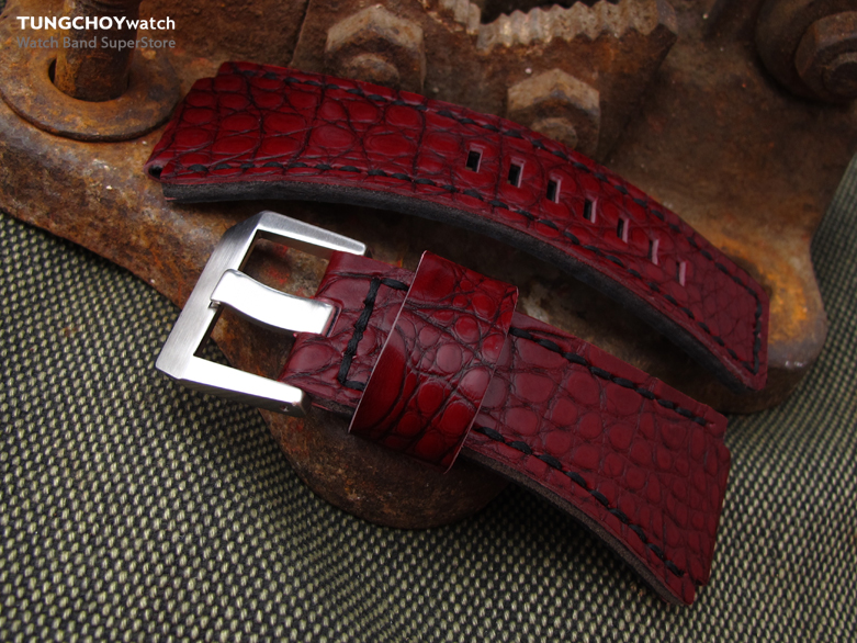 MiLTAT Burgundy Genuine Alligator for Bell & Ross replacement Strap, Black Stitches XL