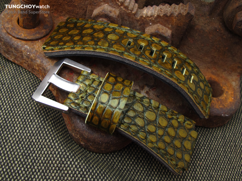 MiLTAT Rusty Rock Genuine Alligator for Bell & Ross replacement Strap, Green Stitches XL