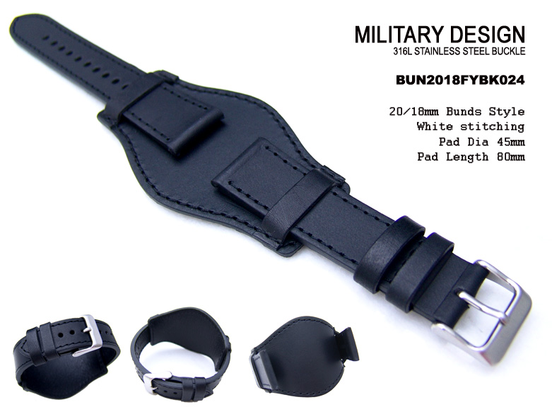 Bunds Style 20mm Black Calf Strap for Military Sport Watch