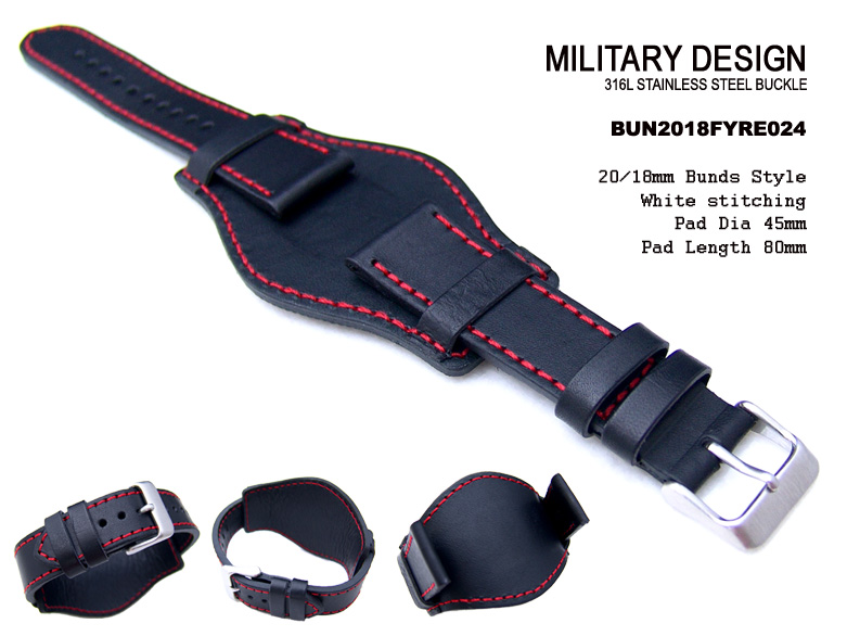 Bunds Style 20mm Black Calf Red Stitch Strap for Military Sport Watch