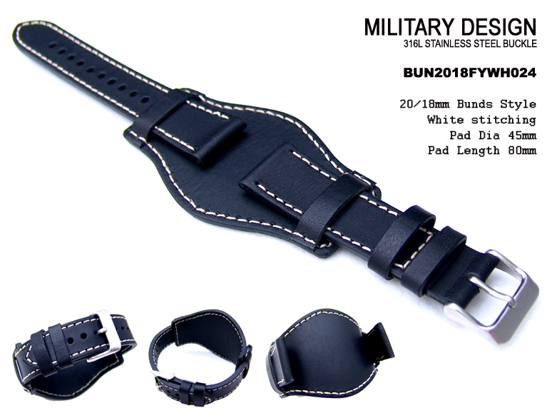 Bunds Style 20mm Black Calf White Stitch Strap for Military Sport Watch