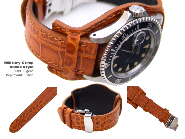 20mm Bunds Style Military BROWN CrocoCalf Watch Strap - Deloyant