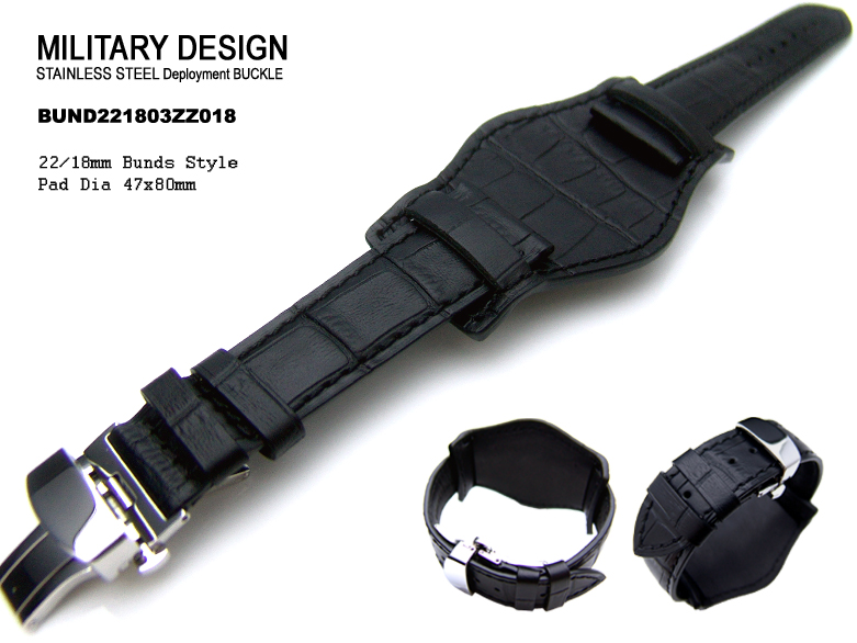 (BUND221803ZZ018)22mm Bunds Style Military BLACK CrocoCalf Watch Strap - Deloyant