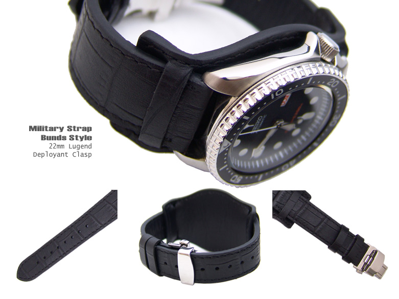 (BUND2220018RF)22mm Bunds Style Military BLACK CrocoCalf Watch Strap - Deloyant