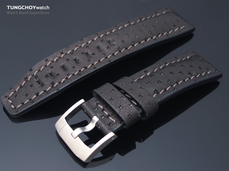 22mm Matte Black Semi-perforated Pilot Watch Strap Grey St. in Breitling Style