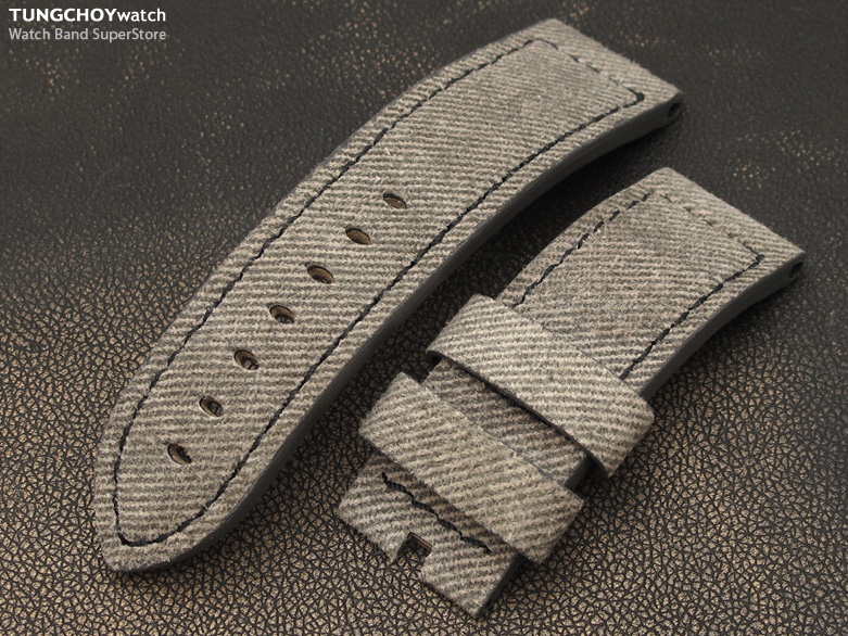 24mm Grey Denim Pattern on Calf Watch Band Watch Strap for Pin-Buckle Use