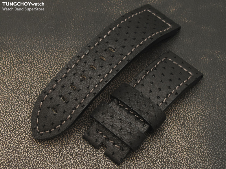 24mm Matte Black Semi-perforated Texture Calf Watch Band Watch Strap for Pin-Buckle Use