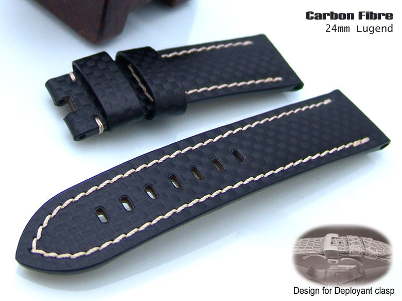 Carbon Fiber*Black/White Stitching*24mm for Deployant Strap