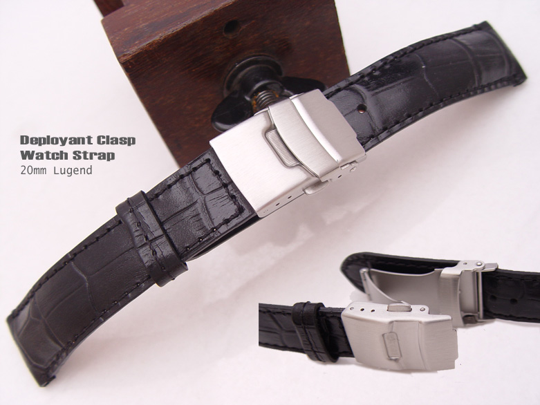 (CG2018013RJ-B)20mm Deployant Clasp Watch Strap*Croco Calf*Semi-Shiny Black