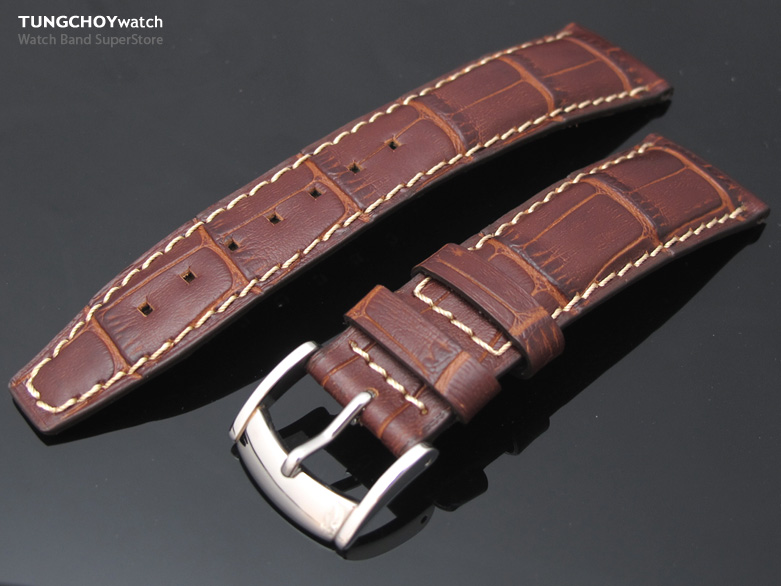 20mm CrocoCalf (Croco Grain) Chocolate Brown Watch Strap Semi Square Tail Beige St.