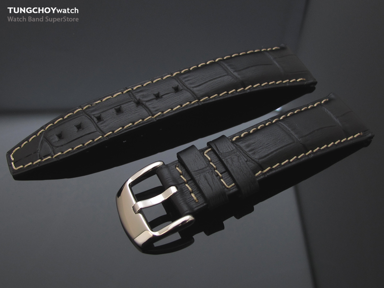 21mm CrocoCalf (Croco Grain) Black Watch Strap Semi Square Tail Beige St.