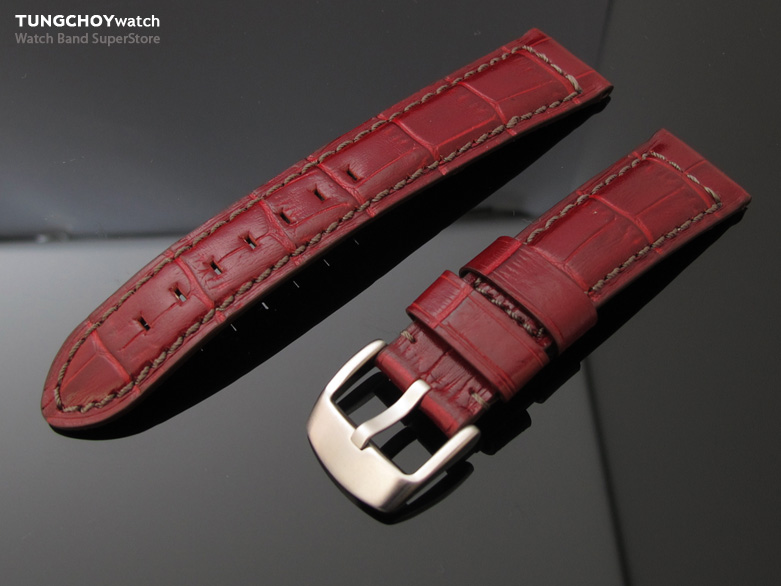 21mm CrocoCalf (Croco Grain) Burgundy Watch Strap with Grey Stitches