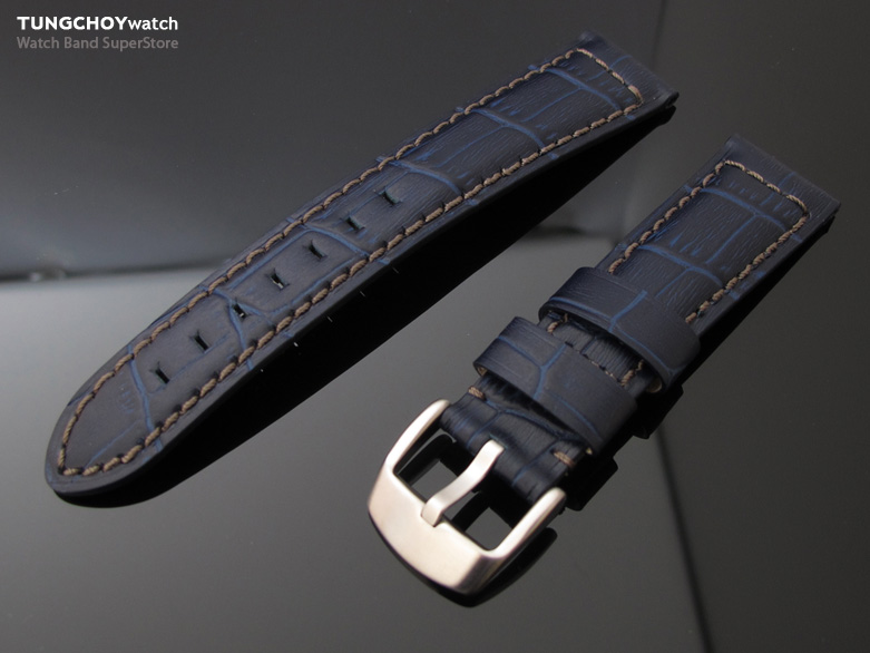 21mm CrocoCalf (Croco Grain) Ocean Blue Watch Strap with Grey Stitches