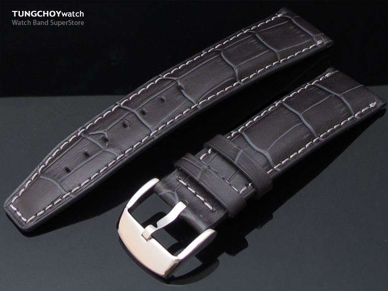 21mm CrocoCalf (Croco Grain) Dark Grey Watch Strap with Grey St.