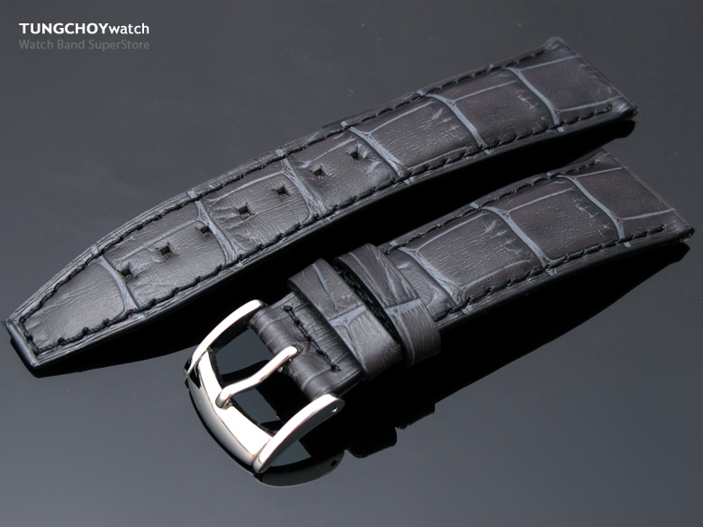 22mm CrocoCalf (Croco Grain) Charcoal Watch Strap Semi Square Tail Black St.