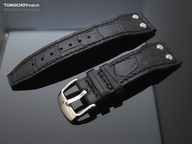 22mm CrocoCalf (Croco Grain) Black Pilot Watch Strap Semi Square Tail Black St.