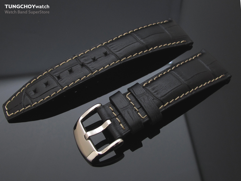 23mm CrocoCalf (Croco Grain) Black Watch Strap Semi Square Tail Beige St.