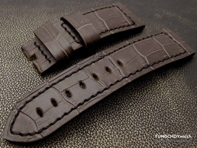 CrocoCalf (Croco Grain) 24mm Brownie Brown Watch Strap for 44mm PANERAI Black Stitches for Pin-Buckle Use