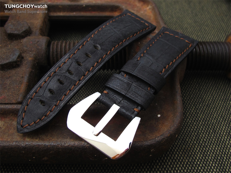 26mm CrocoCalf (Croco Grain) Matte Black Leather Watch Strap with Brown Stitching