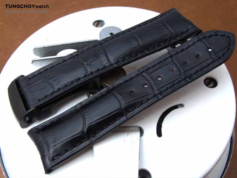 20mm, 21mm, 22mm CrocoCalf (Croco Grain) Matte Black Semi-Curved Lug Roller Deployant Watch strap, Black Stitching PVD