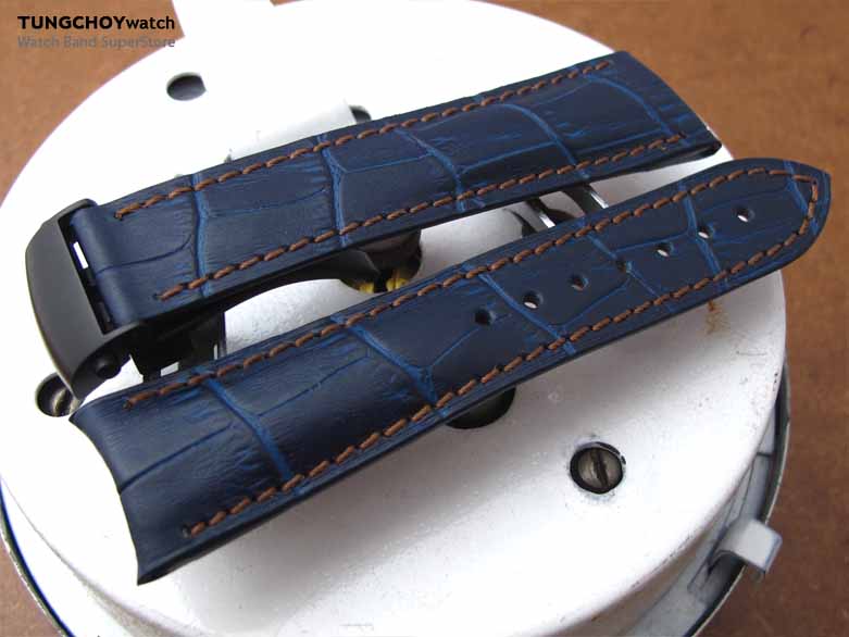 20mm, 21mm, 22mm CrocoCalf (Croco Grain) Matte Blue Semi-Curved Lug Roller Deployant Watch strap, Brown Stitching PVD