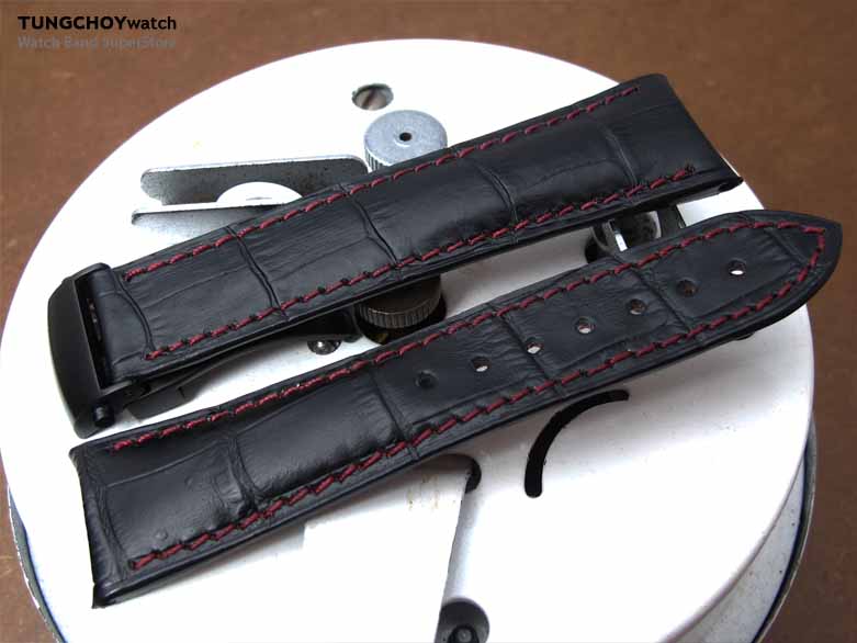 20mm, 21mm, 22mm CrocoCalf (Croco Grain) Matte Black Semi-Curved Lug Roller Deployant Watch strap, Red Stitching PVD