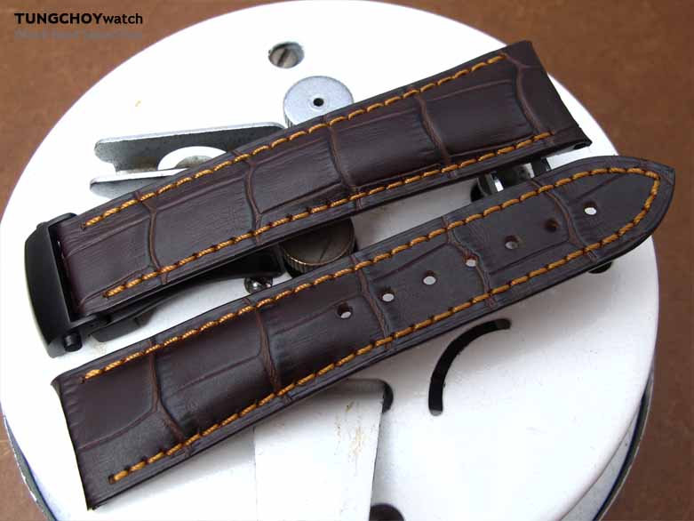 20mm, 21mm, 22mm CrocoCalf (Croco Grain) Dark Brown Semi-Curved Lug Roller Deployant Watch strap, Golden Brown Stitching PVD