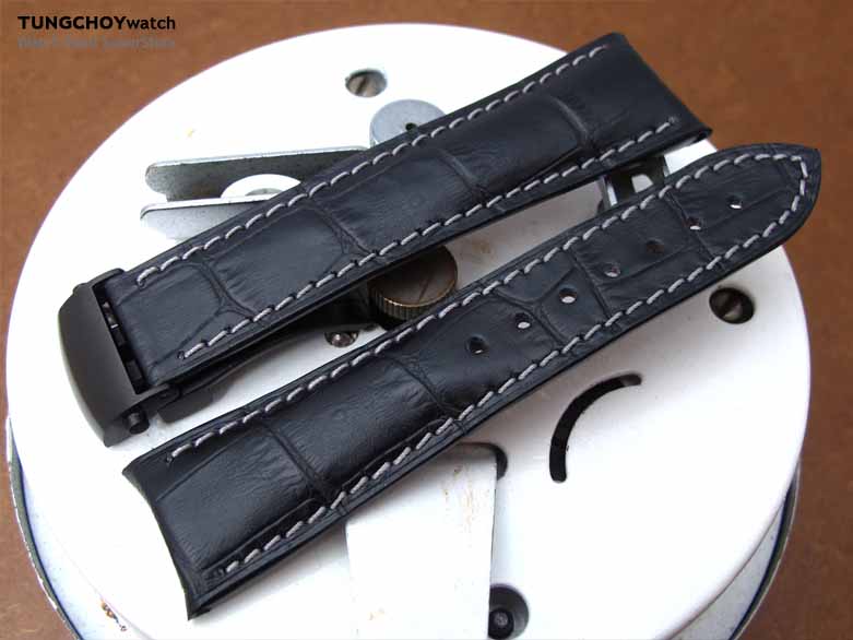 20mm, 21mm, 22mm CrocoCalf (Croco Grain) Matte Black Semi-Curved Lug Roller Deployant Watch strap, Grey Stitching PVD