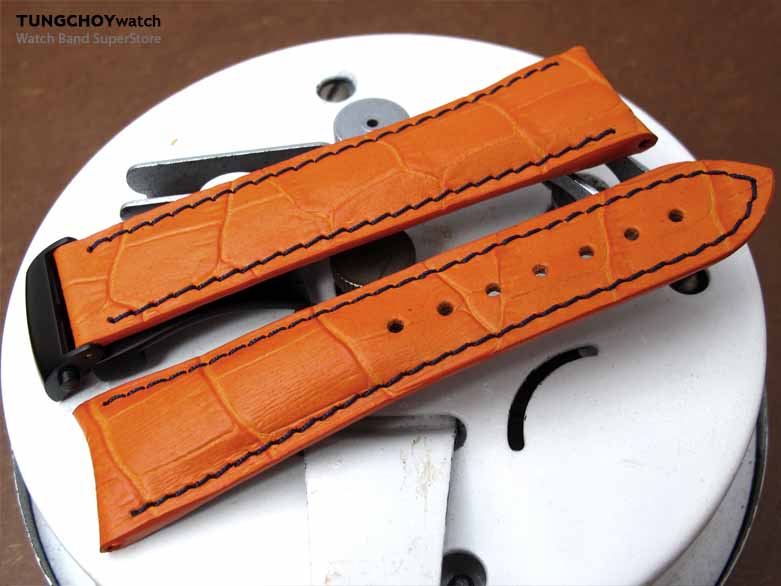 20mm, 21mm, 22mm Orange CrocoCalf (Croco Grain) Deployant Watch strap, in Blue Stitching, PVD