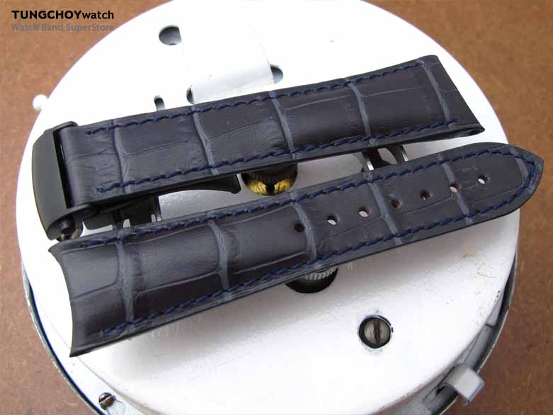 20mm, 21mm, 22mm Dark Grey CrocoCalf (Croco Grain) Deployant Watch strap, in Blue Stitching, PVD