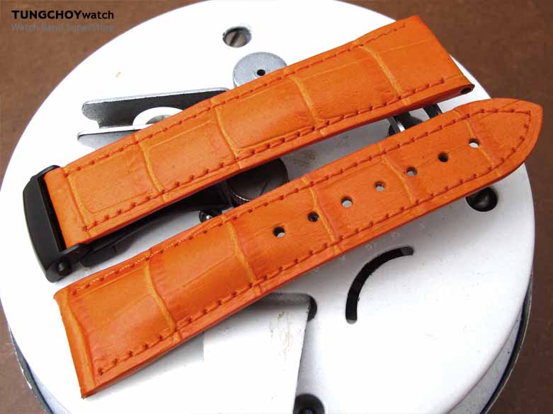 20mm, 21mm, 22mm Orange CrocoCalf (Croco Grain) Deployant Watch strap, in Orange Stitching, PVD