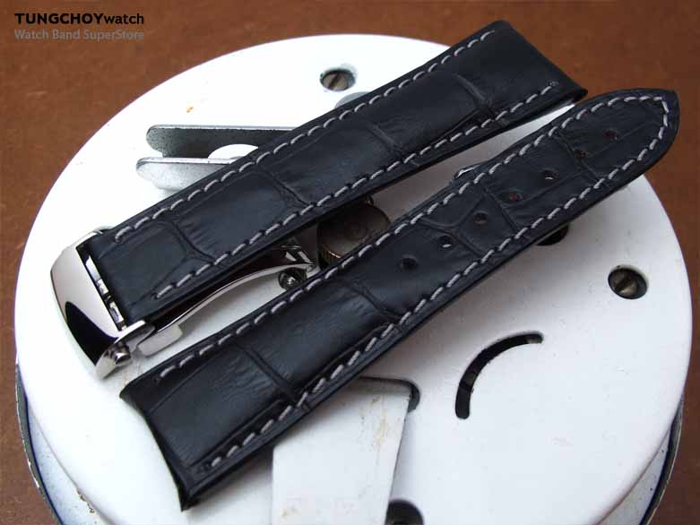 20mm, 21mm, 22mm CrocoCalf (Croco Grain) Matte Black Semi-Curved Lug Roller Deployant Watch strap, Grey Stitching P