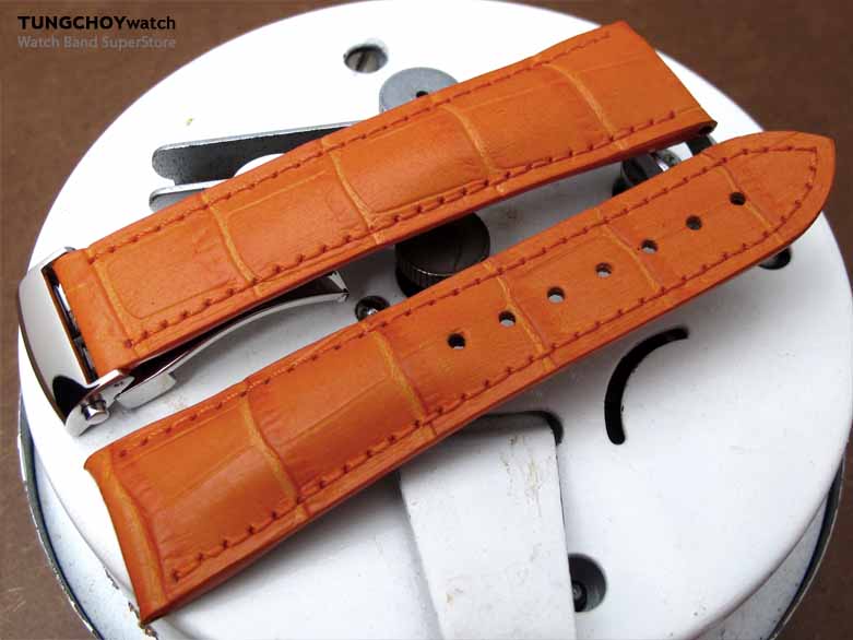 20mm, 21mm, 22mm Orange CrocoCalf (Croco Grain) Deployant Watch Strap, in Orange Stitching, P