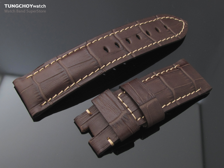(CGD242200BE037)CrocoCalf (Croco Grain) Brownie Brown 24mm Deployant Strap, Beige Stitches for D-Buckle Use