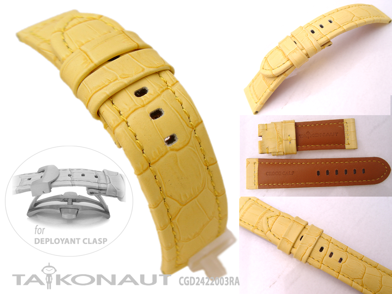 (CGD242200ZZ003)CrocoCalf (Croco Grain) in Light Yellow 24mm Deployant Watch Strap