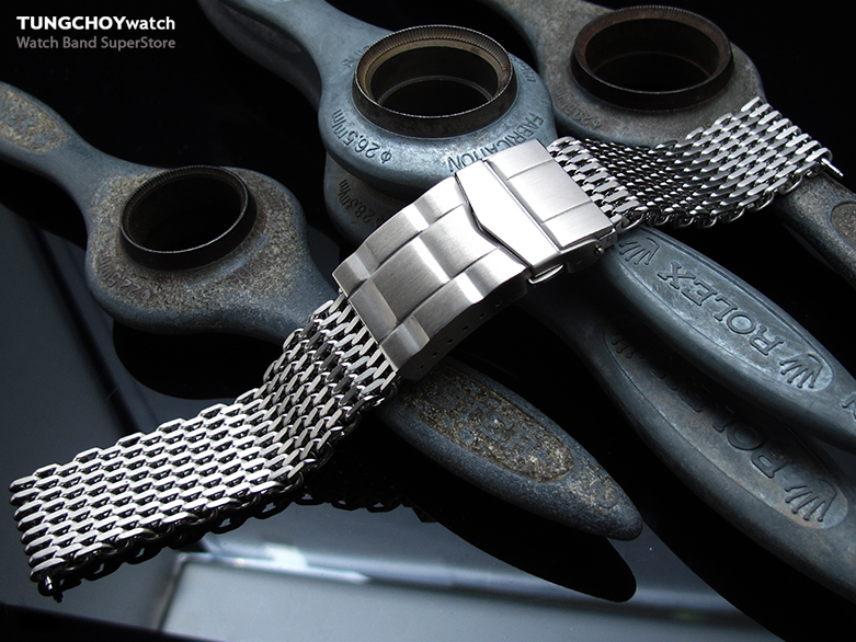 19mm, 20mm Ploprof 316 Reform Stainless Steel "SHARK" Mesh Watch Band, Submariner Diver Clasp, Brushed