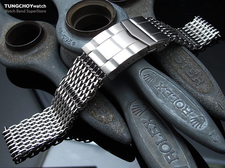17mm, 18mm Ploprof 316 Reform Stainless Steel "SHARK" Mesh Watch Band, Submariner Diver Clasp, Polished