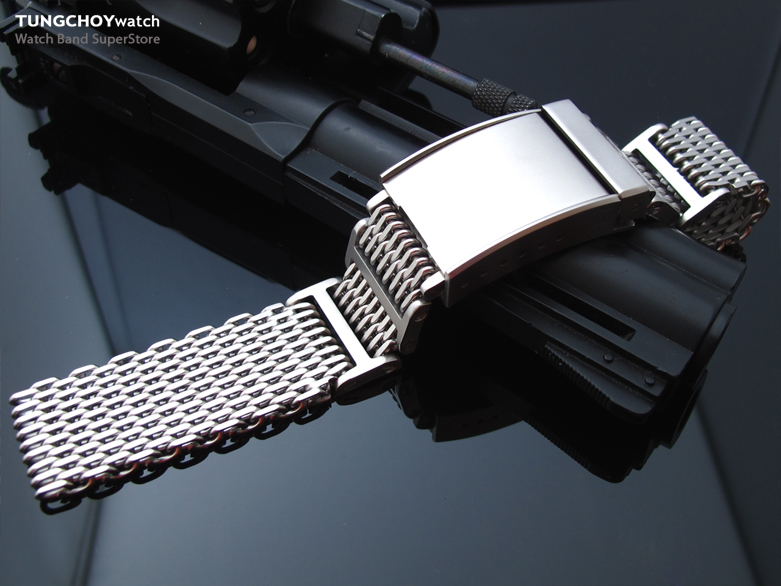 21mm or 22mm Flexi Ploprof 316 Reform Stainless Steel "SHARK" Mesh Watch Band Solid Seatbelt Strap, Sandblasted