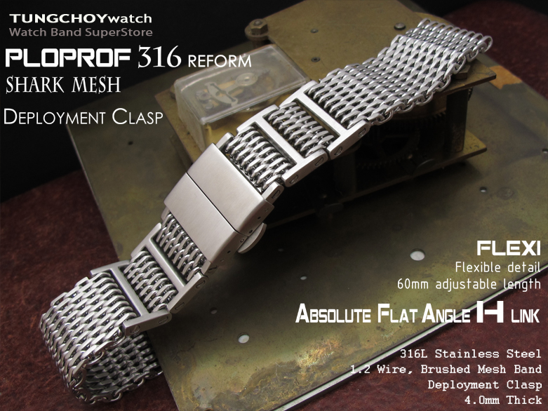 21mm or 22mm Flexi Ploprof 316 Reform "SHARK" Deployant Mesh Band, Brushed 316L Stainless Steel