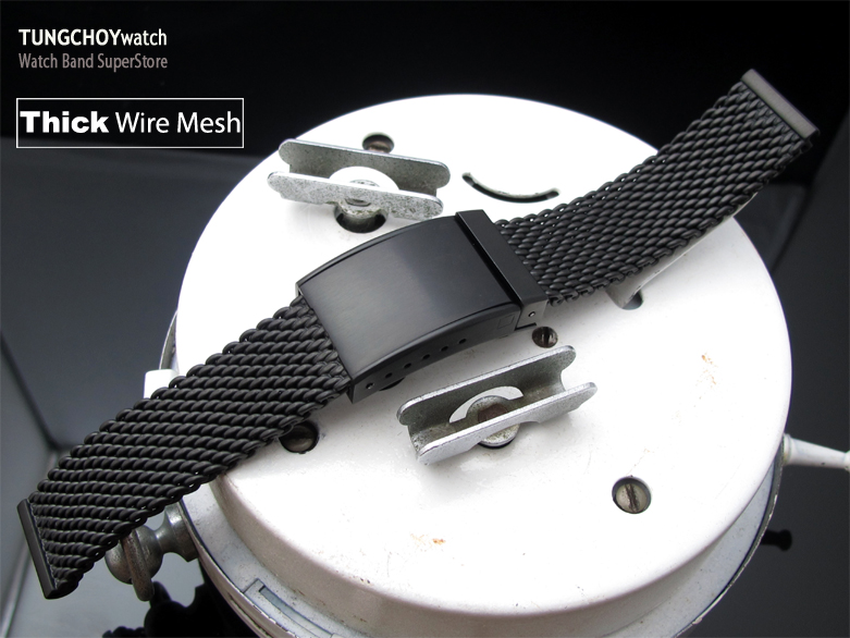 20mm PVD Black 316L Stainless Steel Heavy Mesh Watch Bracelet, Solid End Lug OME Clasp
