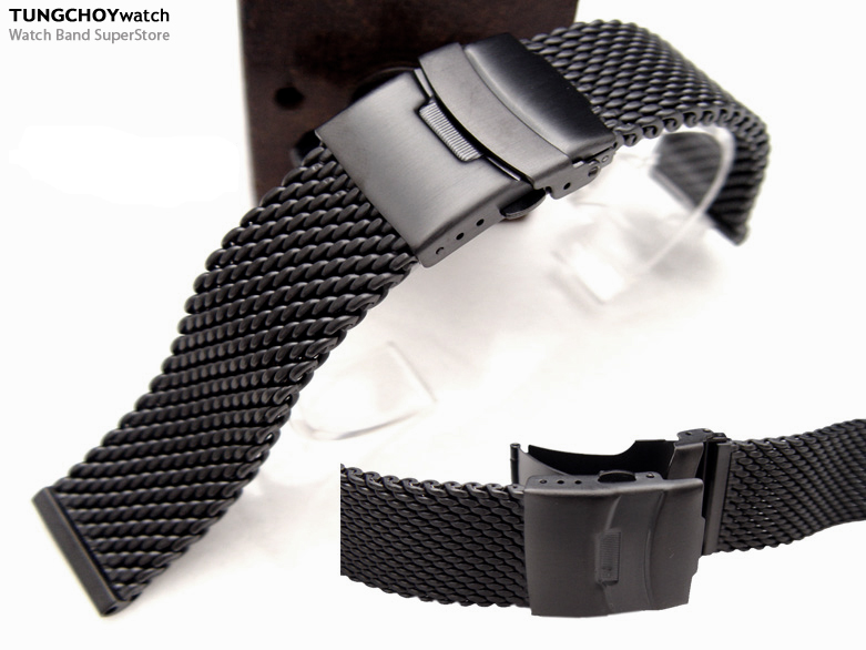 20mm Mesh Watch Band Milanese Band Diver Watch Bracelet PVD Black Push Button
