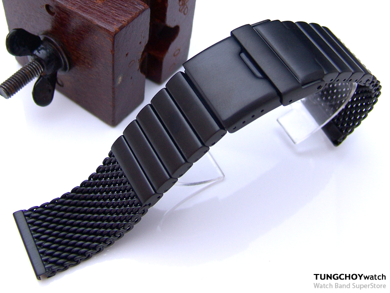 24mm Solid Link Mesh Watch Band Milanese Band Diver Watch Bracelet PVD Black